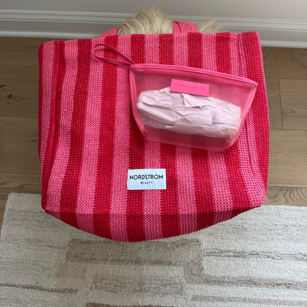 Nordstrom Pink and Red Striped lightweight Tote with Pink Zip Pouch